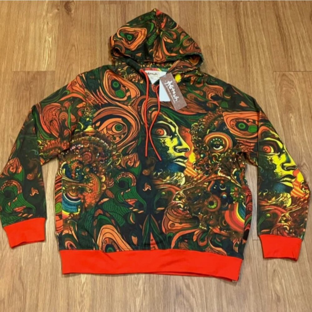 AGTAWH Men French Terry Abstract Motif Print Hoodie Multicolor Size L